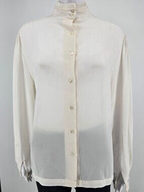 Vintage Late 1970s Shapely Sheer Ivory Lace Medallion Panel Blouse (XL) *Flaws